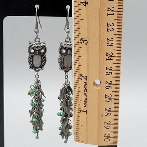 Silver Tone Owl Dangle Earrings With Beads & Leaf Charms Fish Hook 4 in Length - Picture 7 of 7